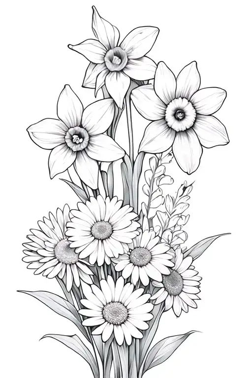 A Bouquet Of Flowers With 2 Daffodils A Daisy A Larkspur A Gladiolus And A Chrysanthemum
