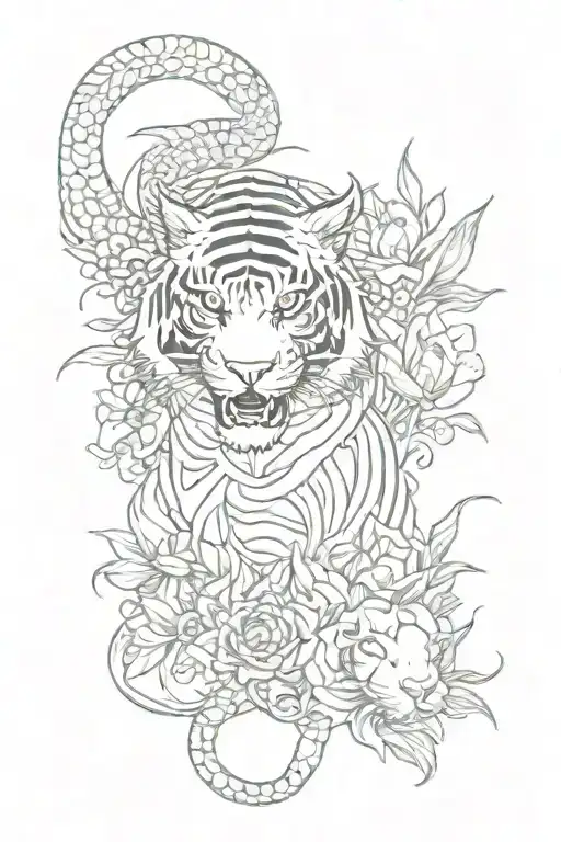 A Dragon And A White Tiger With An Alchemy Symbol And Lotus Flowers