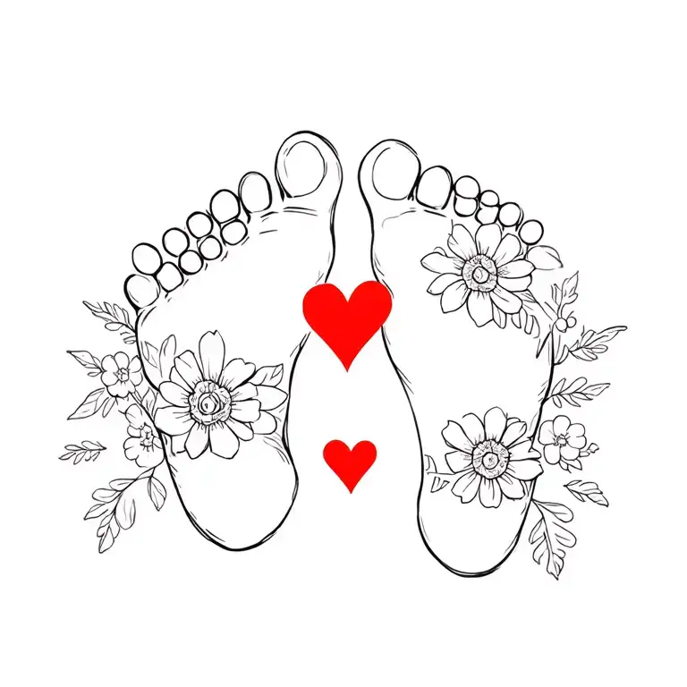 Baby Foot Print With A Red Heart And Flowers