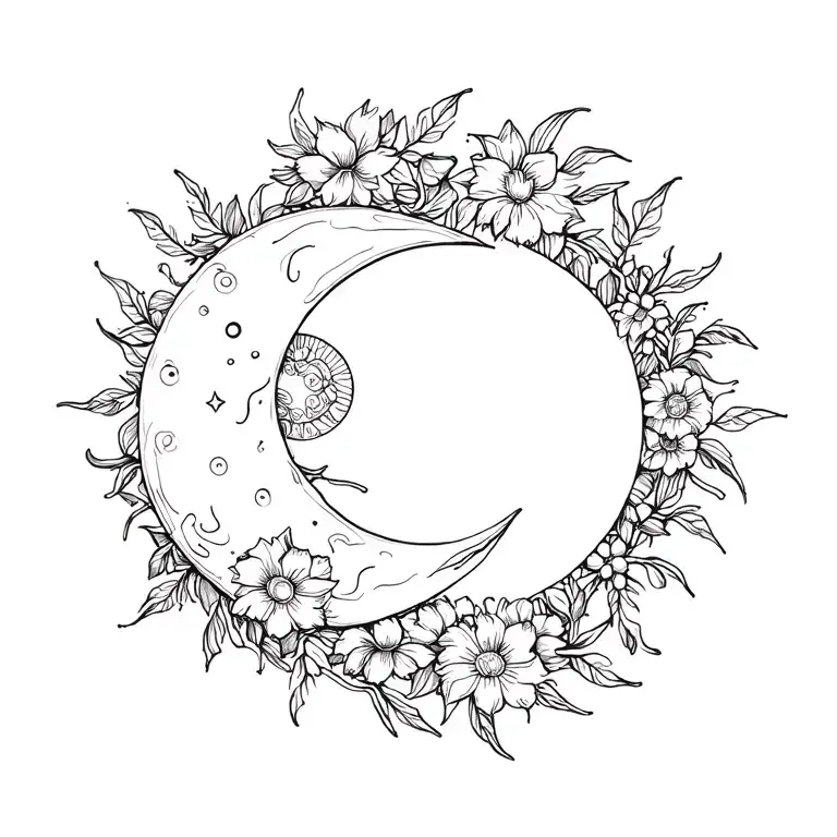 Sun And Moon Intertwined With Vines And Flowers In An Ornamental Style