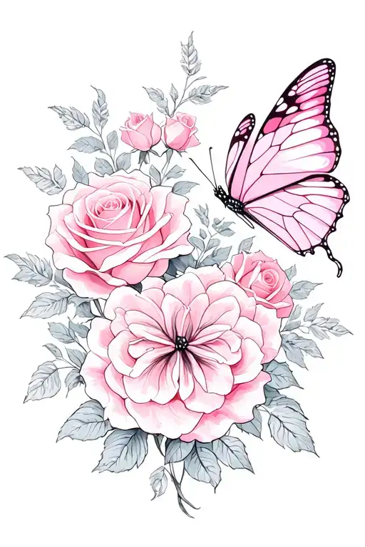 Pink Roses And Pink Butterfly Surrounded