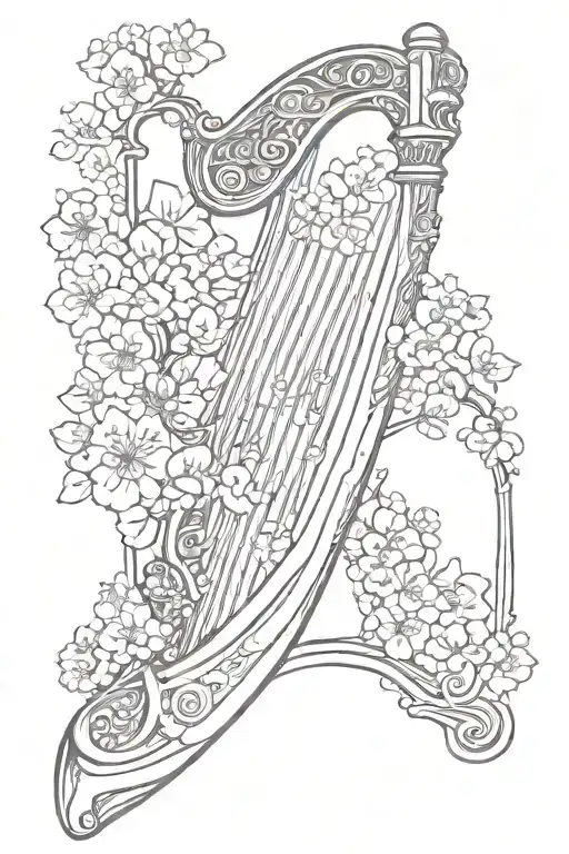 Harp And Sword With Cherry Blossoms