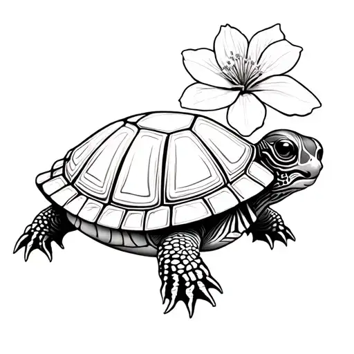 Slider Turtle With A Dogwood Blossom Behind It