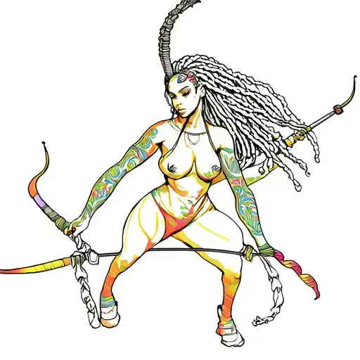 African American Female Centaur With Dread Locs That's Has Lgbtqia Color Shooting Bow Full Body Tattoo idea