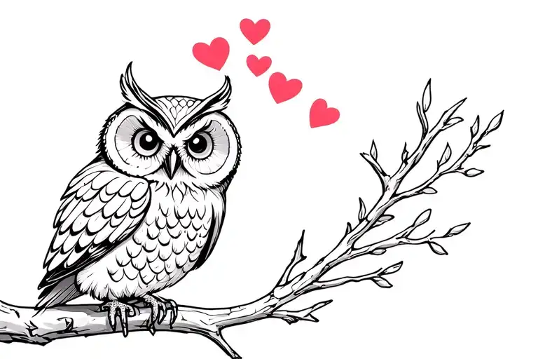 Owl Perched On A Branch With 4 Love Hearts Above It