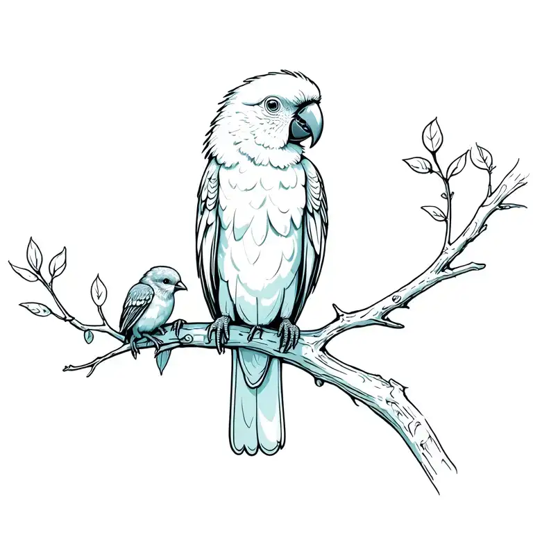 Mother Parrot With Chick Fine Line On Branch