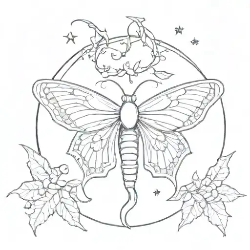 Lunar Moth With Vines And Crescent Moons And Stars