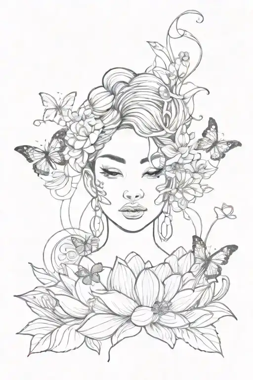 Lotus Flowers With Vines And Butterflies And Woman Face Incorporated
