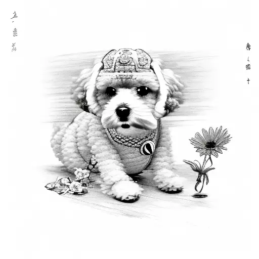 Dog With Back View Sitting Beside A Flower