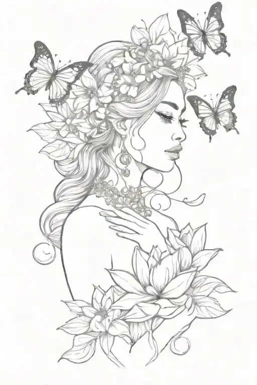 Lotus Flower With Butterflies And Woman Face And Vines Wrapped Around Forearm
