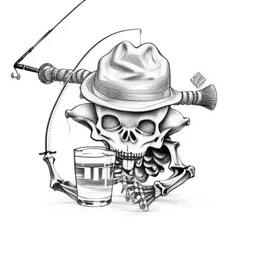 Skeleton Holding A Fishing Rod And And Beer In Wearing Ball Cap
