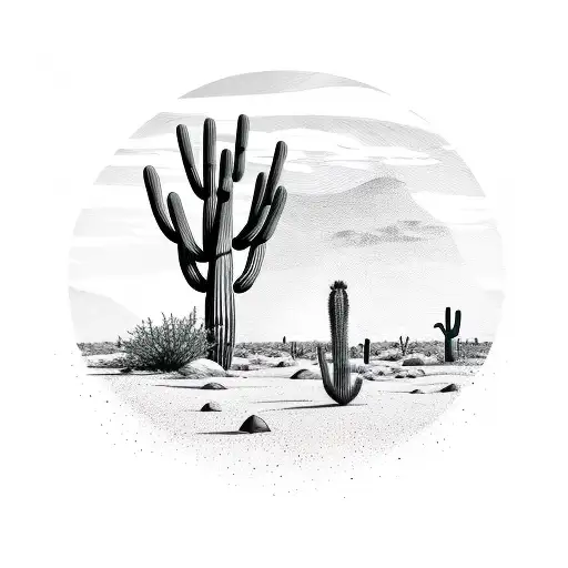Saguaro Cactus On A Desert Landscape With A Roadrunner And Coyote Silhouette