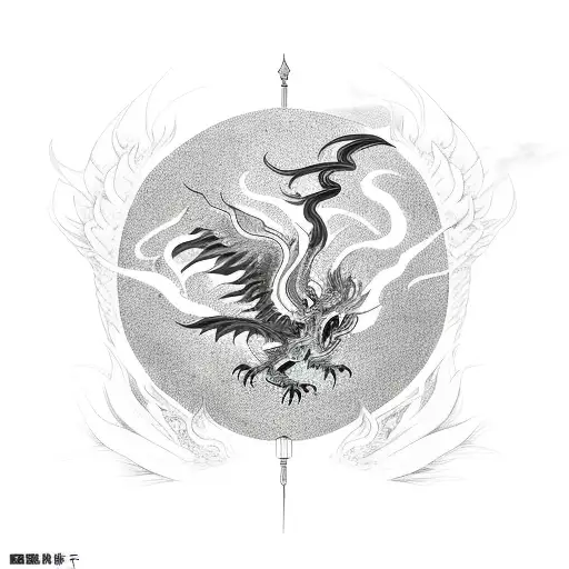 Phoenix Bird Surrounded By Chinese Dragon And Fire Flames