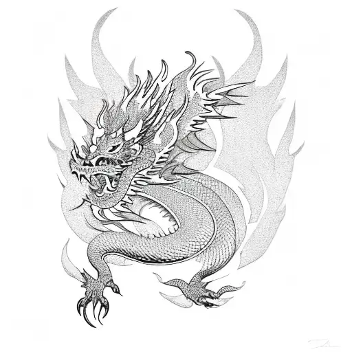 Phoenix Dragon Surrounded By Chinese Dragon And Fire Flames