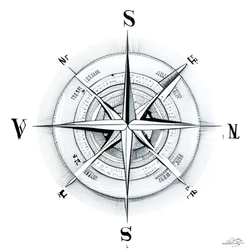 A Detailed Sketch Of A Trader's Compass Surrounded By Various Elements Of Nature