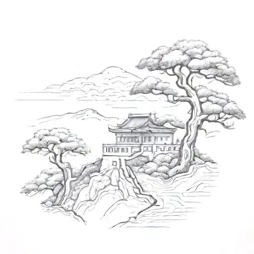 Asian Style Tree And Great Wall Of China Silhouette