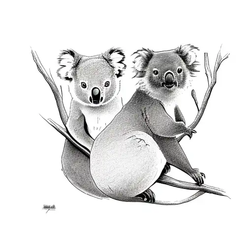 A Detailed Sketch Of A Koala And Capybara Sitting Together On A Tree Branch