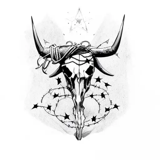 Bull Skull Wrapped In Barbed Wire With A Star Behind It