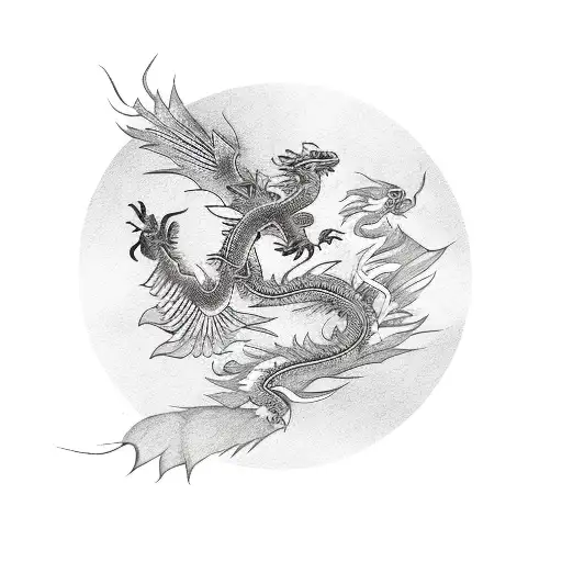 Phoenix Bird And Chinese Dragon With Fire Flames