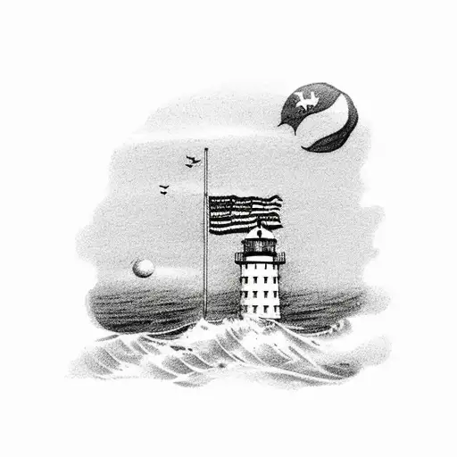 A Simple Tattoo Of An Island In The Ocean With A Light House And American Flag Waving On A Pole