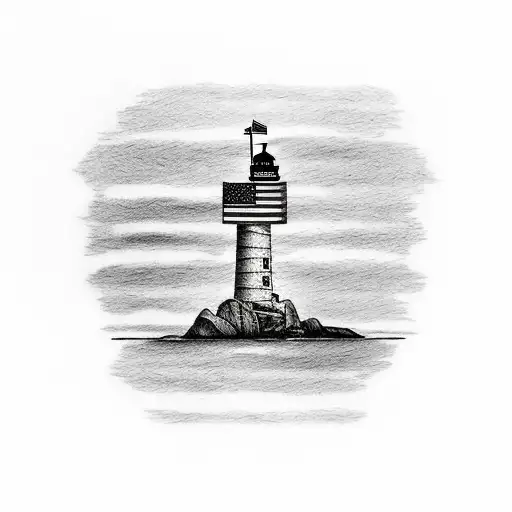 A Simple Tattoo Of An Island In The Ocean With A Light House And American Flag Waving On A Pole