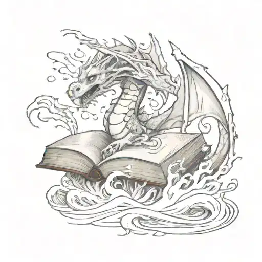 A Sketch Style Tattoo Of A Dragon Emerging From A Book In The Water