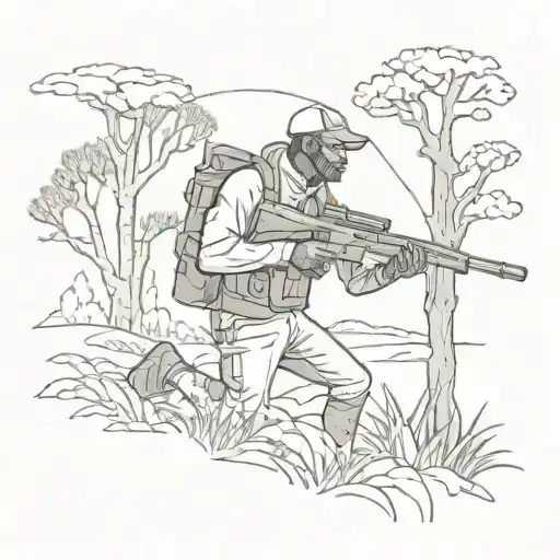 A Silhouette Of A Hunter With A Rifle In Hand Against The Backdrop Of The African Bush