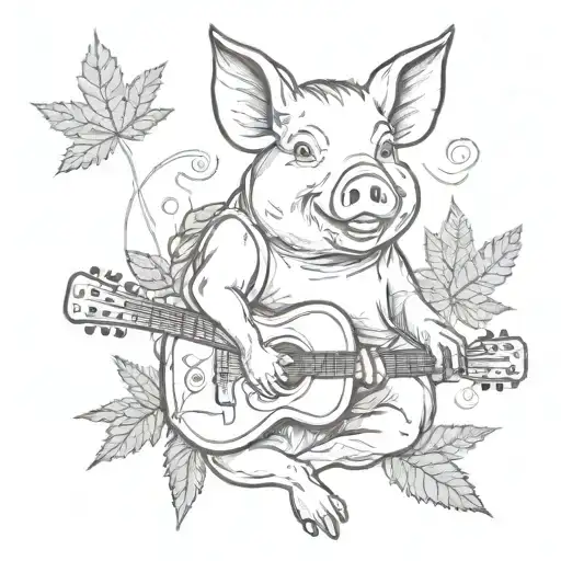 A Smiling Pig Playing A Guitar Surrounded By Cannabis Leaves