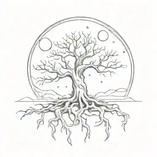 Tree Roots With Moon Behind