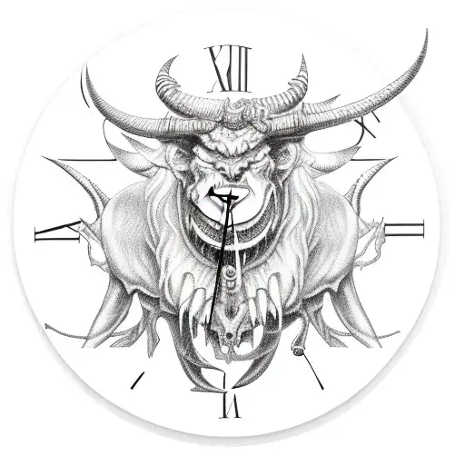Demon With Big Horns Holding A Clock On A Chain Its Mouth