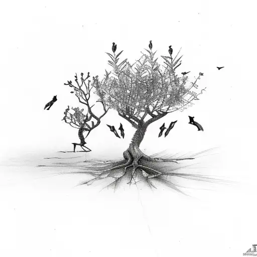 Tree With 2 Small Birds On The Ground