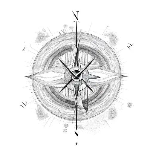 Long Vertical Design Of Compass With A Forest Exploding Out Of It And Planets Above It