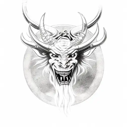 Demon With Big Horns Holding A Clock On A Chain Its Mouth