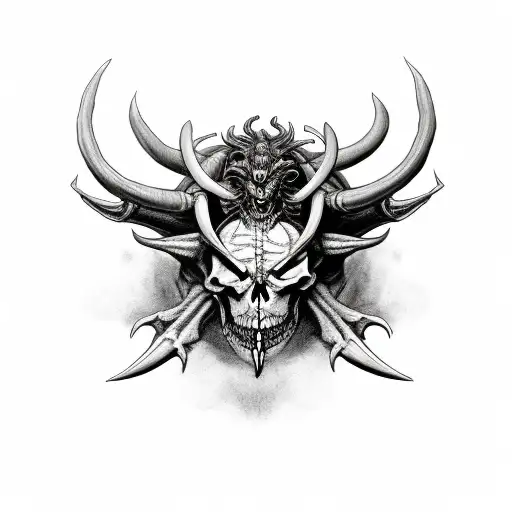 Demon Half Skelton With Big Horns Holding A Clock On A Chain Its Mouth