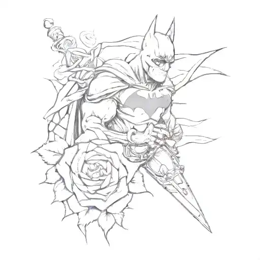 A Sketch Style Tattoo Of Batman Holding A Rose In One Hand And A Dagger In The Other