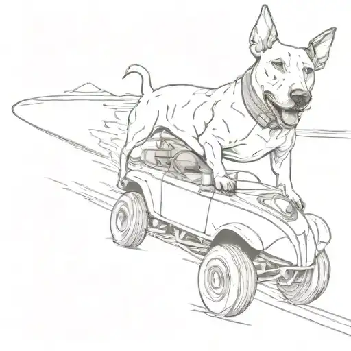 Bull Terrier Driving A Fast Car On The Beach