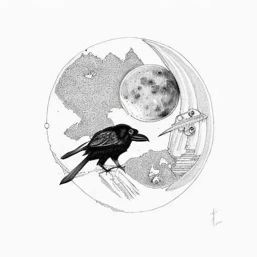 Raven With A Clock And Moon