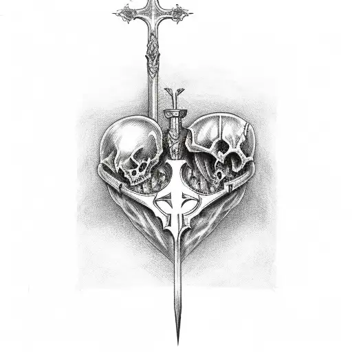 Gothic Style Cross Sword Stabbed Through A Anatomical Heart