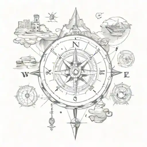 A Compass Surrounded By Various Landmarks From Around The World