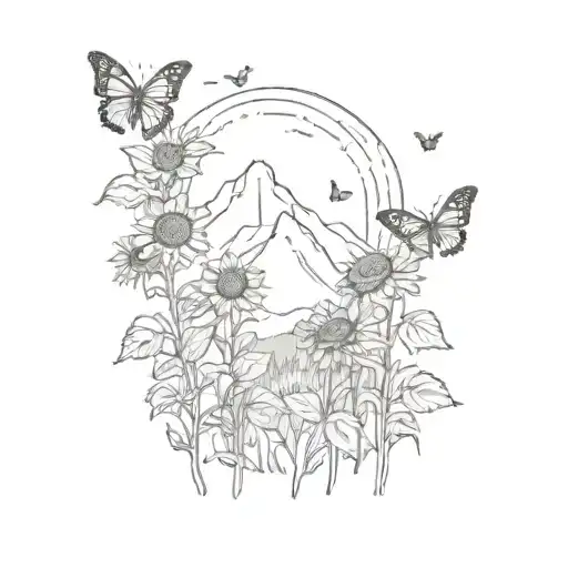A Mountain Landscape With Sunflowers Blooming At The Summit And Butterflies Fluttering Around