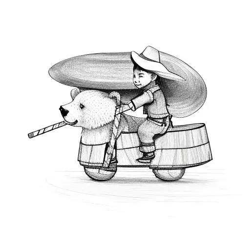 Boy Riding A Bear With A Straw Hat