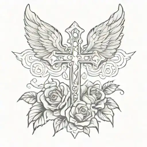Cross With Angel Wings And Roses