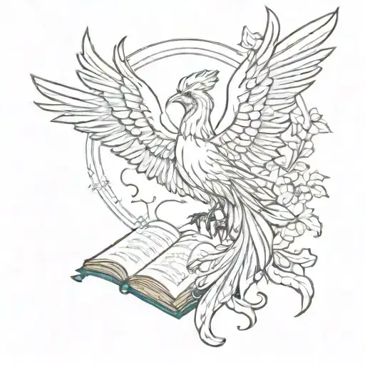 A Tattoo Design Featuring A Phoenix Reading A Book In A Serene Natural Setting