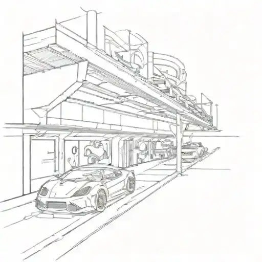 Combine Elements Of A Drag Strip And A Garage In A Futuristic And Abstract Way