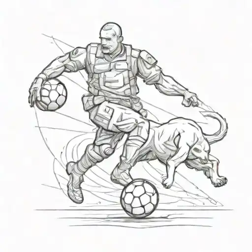 A Muscular Soldier Kicking A Soccer Ball With A Dog By His Side