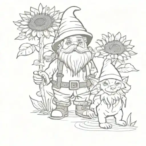 Autumn Gnome Holding Hands With Sunflower Humanoid With Dog Next To Them