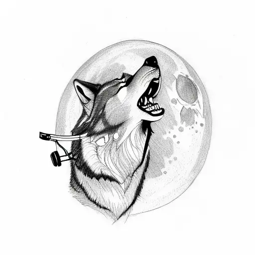 A Sketch-style Tattoo Of A Wolf Wearing Headphones And Howling At The Moon