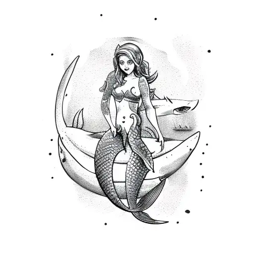 A Sketch-style Tattoo Of A Mermaid Swimming Alongside A Shark