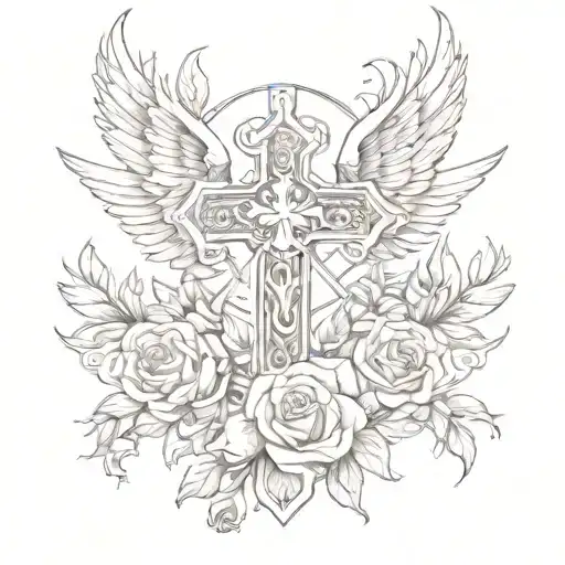 Cross In Angel Wings And Roses