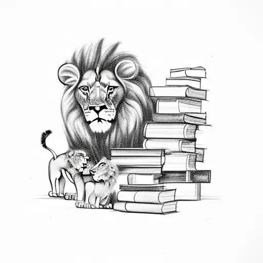 Sketch-style Lion Family Surrounded By Books